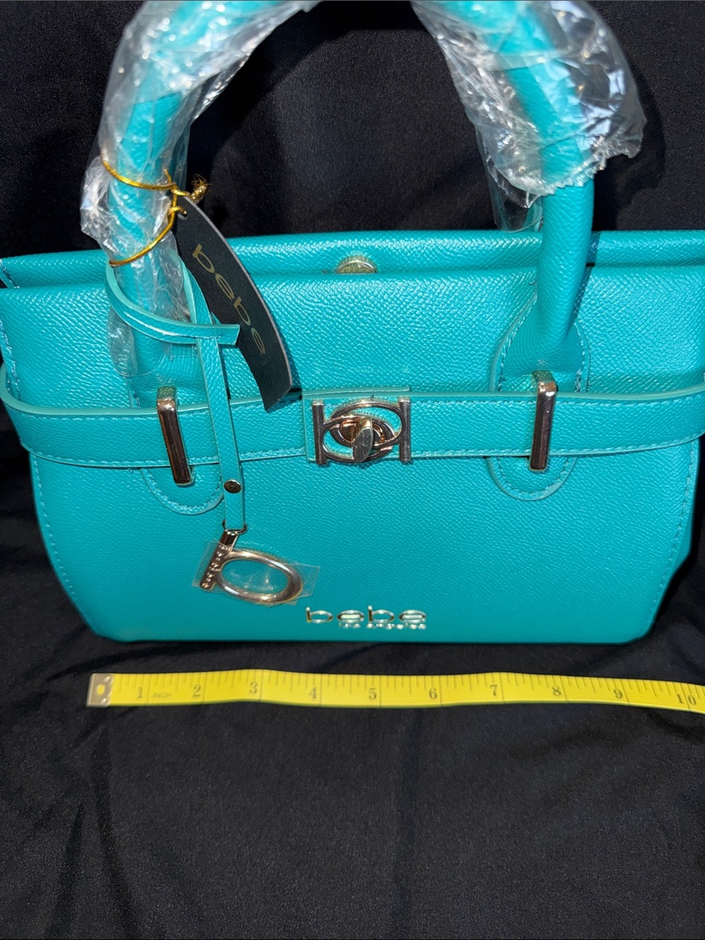 bebe Teal Structured Top-Handle Satchel with Gold Hardware